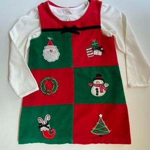 Christmas Dress 4T Red Corduroy Jumper Tree Santa Snowman presents White Shirt
